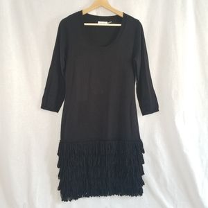 Calvin Klein black 3/4 sleeve sweater dress with loopy tierd fringe womens L